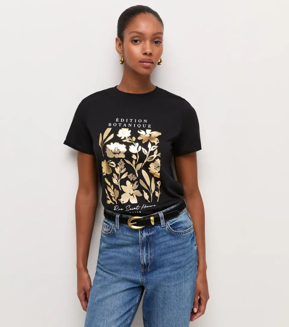 Women's Black Cotton Foil Flower Print Relaxed T-Shirt