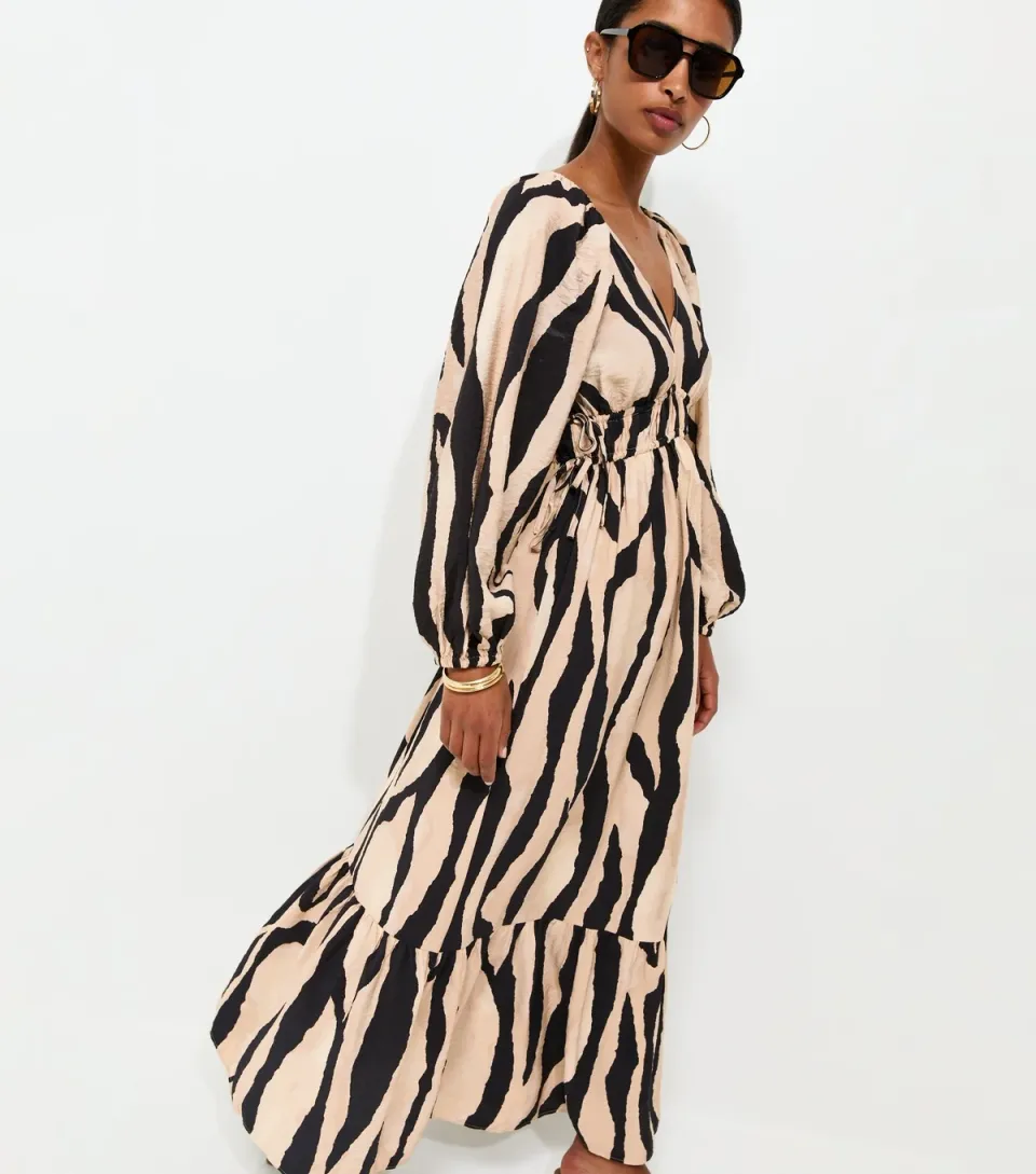 Women's Brown Abstract Print V-Neck Smock Midi Dress