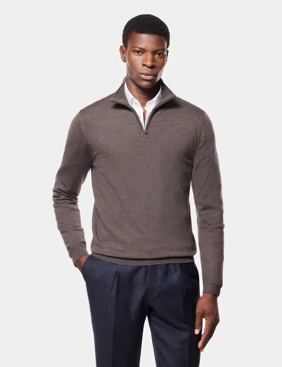 Pure Wool Half Zip Jumper Brown