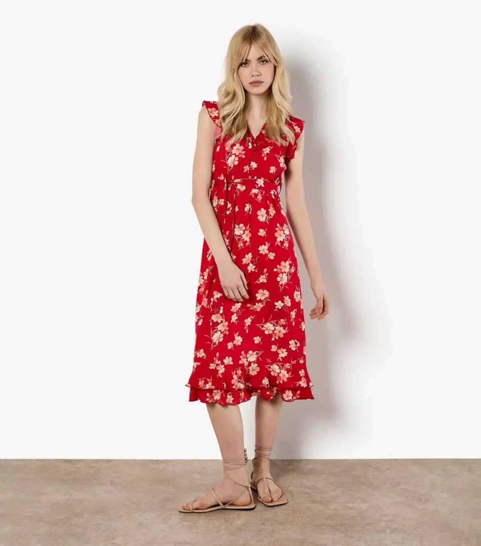Women's Red Floral Ruffled Midi Dress