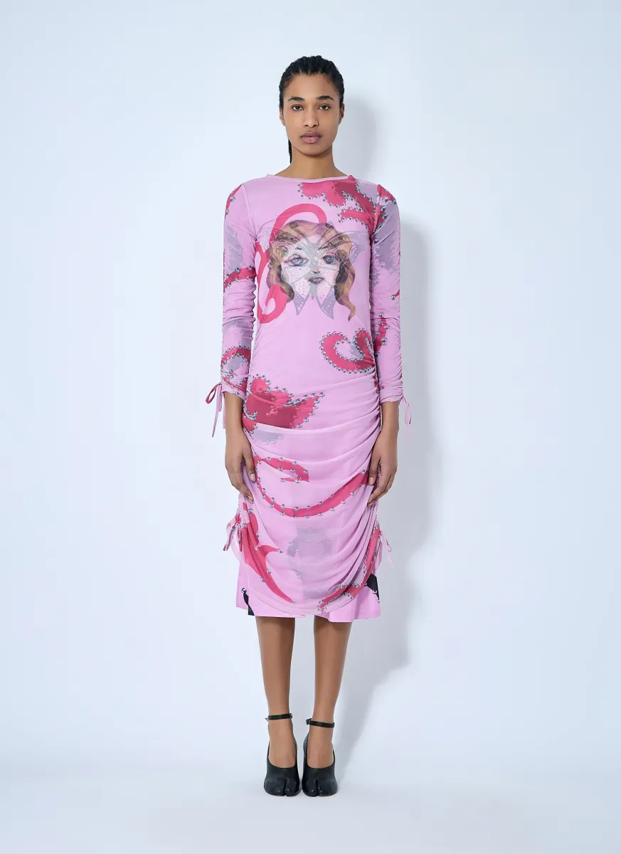 Ruched Printed Mesh Dress