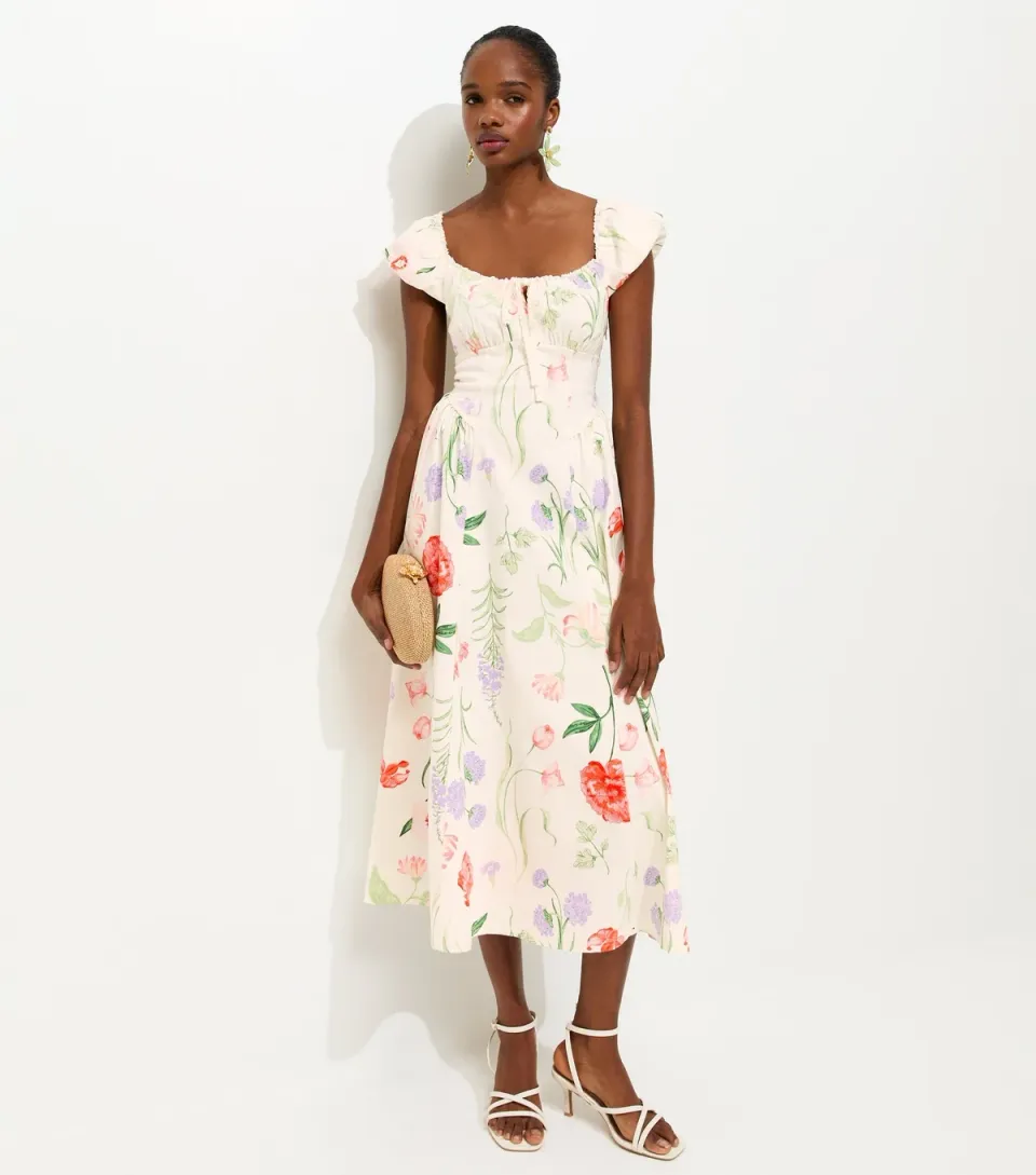 Women's White Floral Print Corset Midi Dress