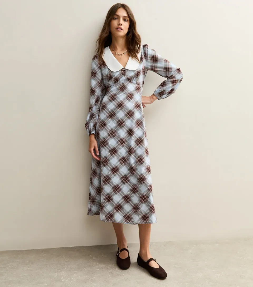 Women's Blue Checked Contrast Collar Midi Dress