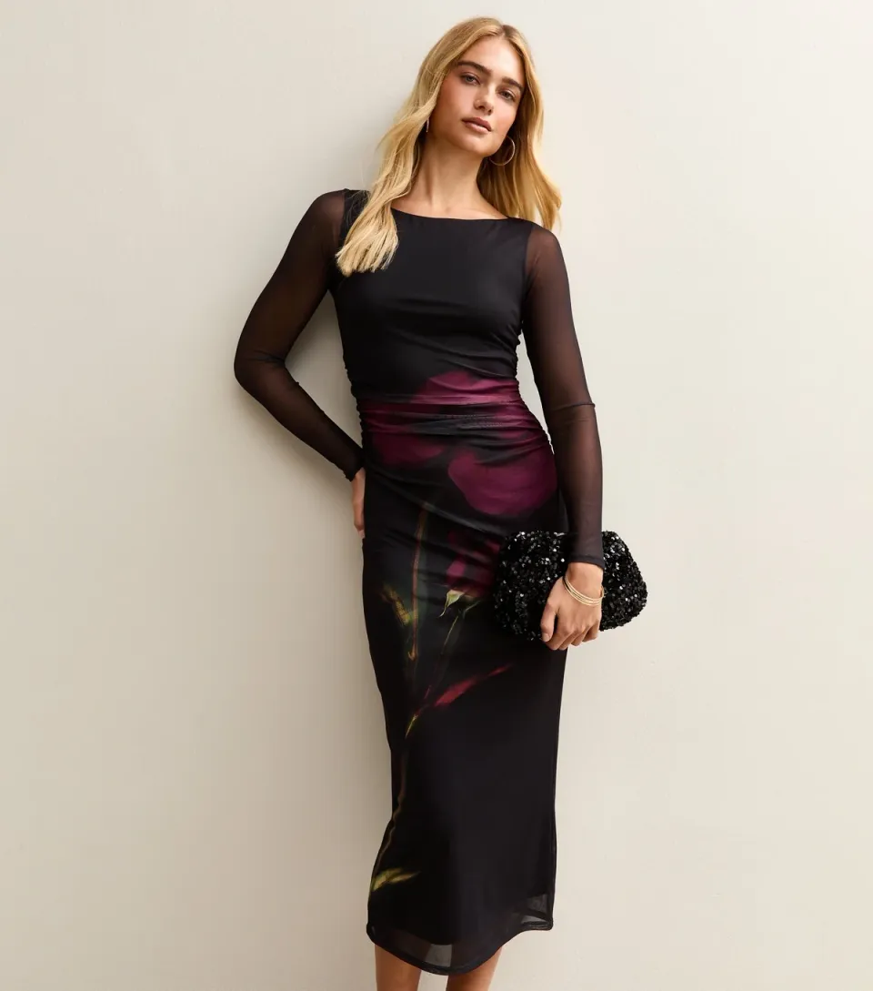 Women's Black Flower Ruched Mesh Midi Dress