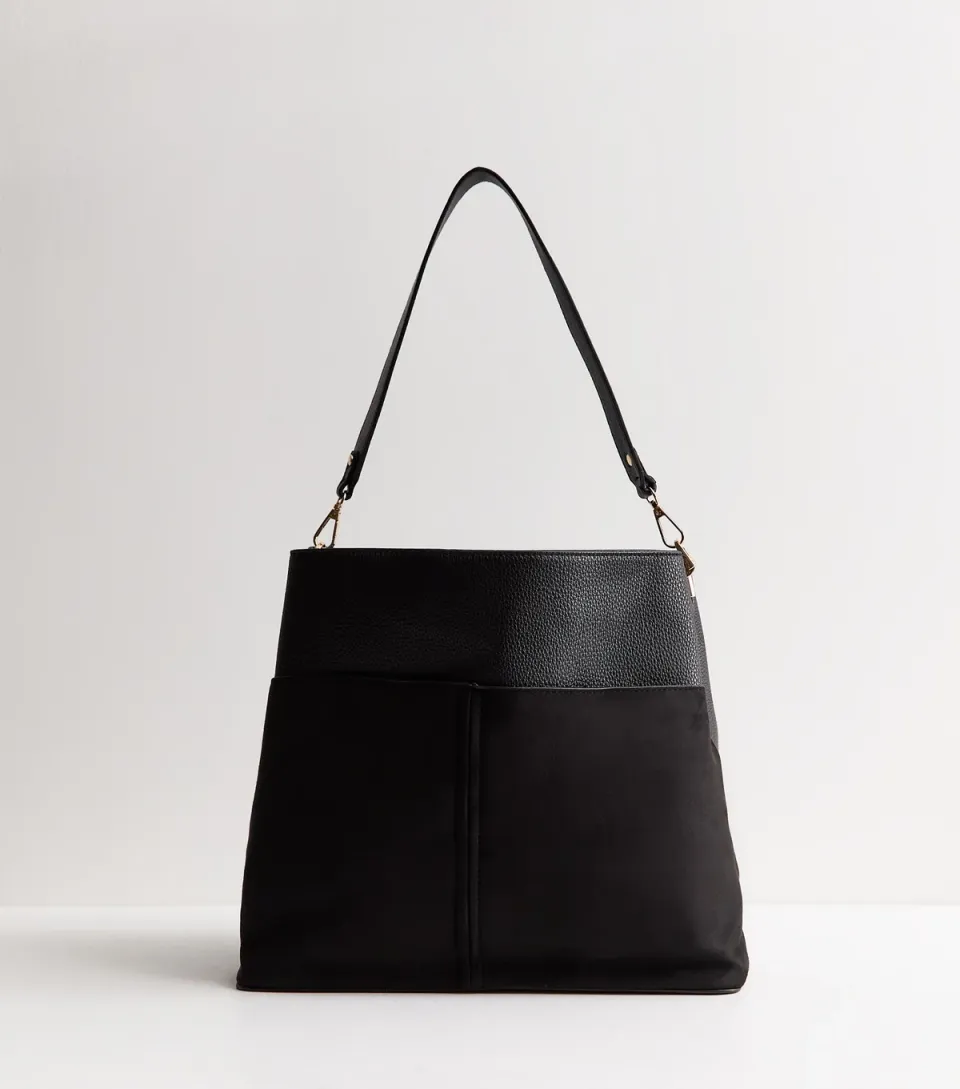 Black Faux-Suede Panel Triple Compartment Tote Bag Vegan