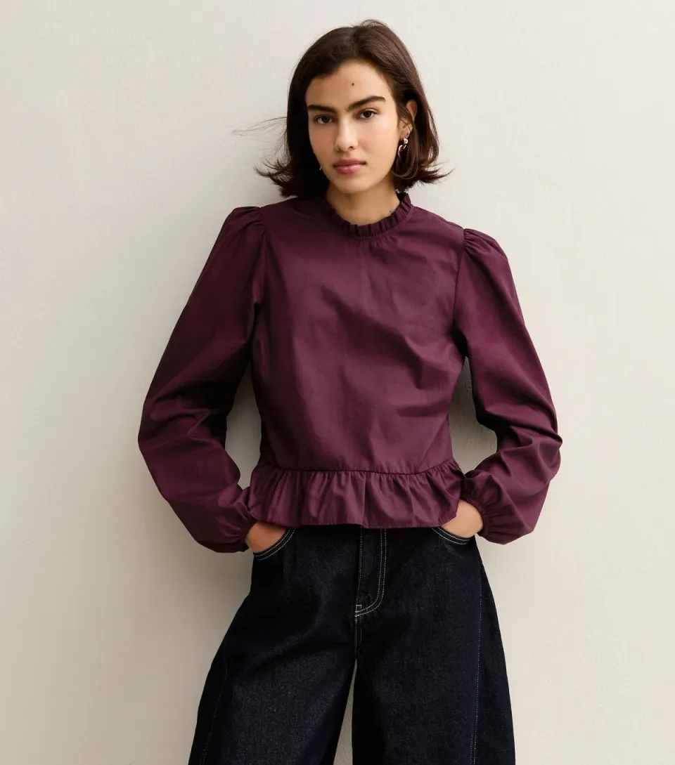 Women's Burgundy Cotton Ruffled Collar Long Sleeve Top