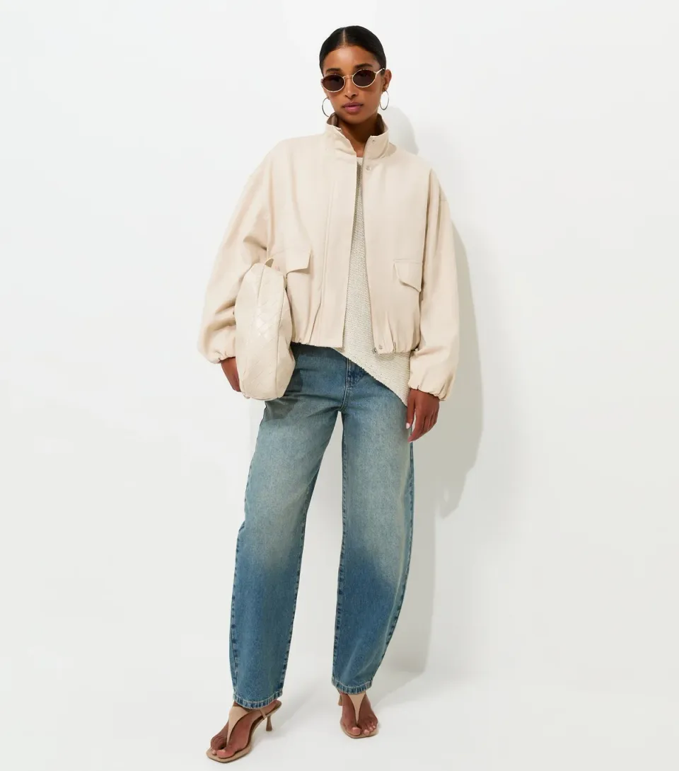 Women's Stone Cotton Funnel Neck Bubble Hem Short Jacket