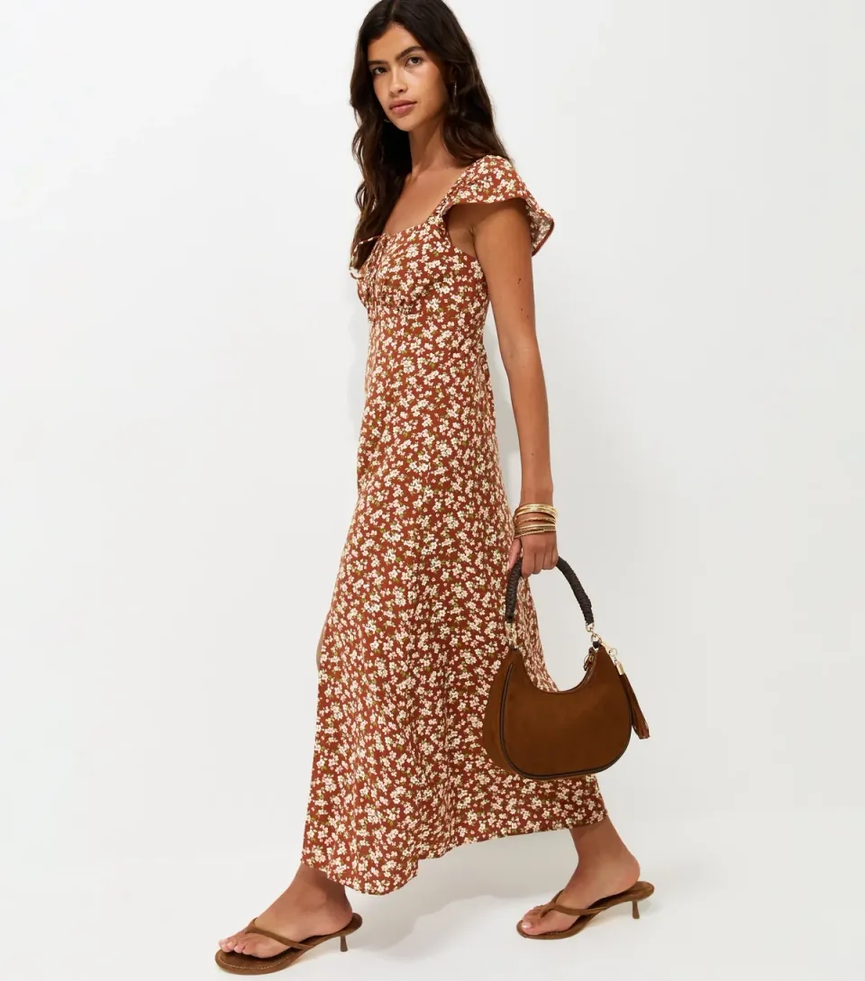 Women's Brown Floral Square Neck Midi Dress