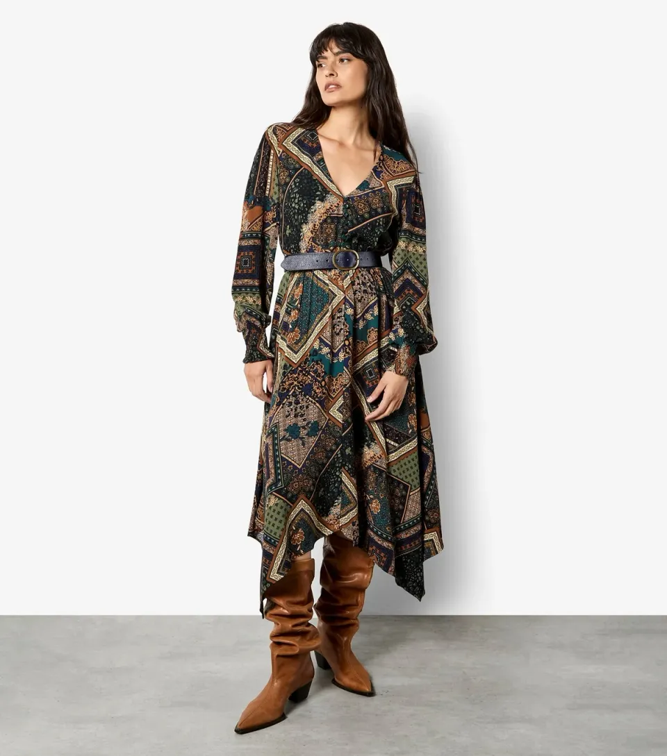 Women's Green Patchwork Hanky Hem Midi Dress