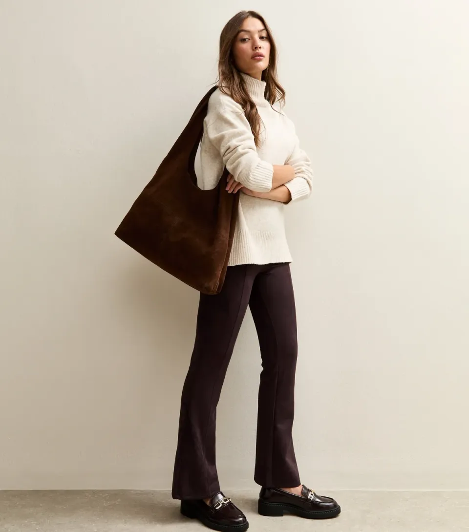 Women's Dark Brown Faux Suede Flared Trousers