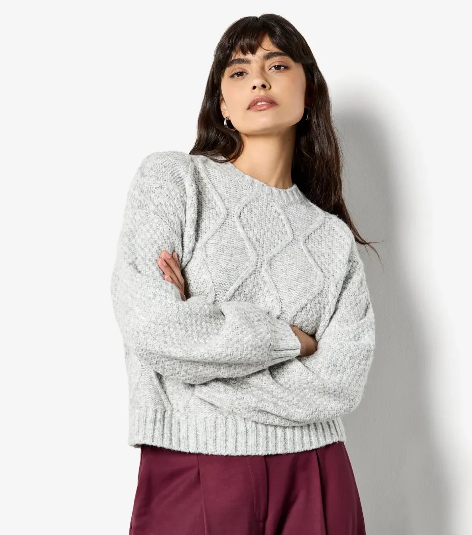 Women's Grey Chunky Cable Front Jumper