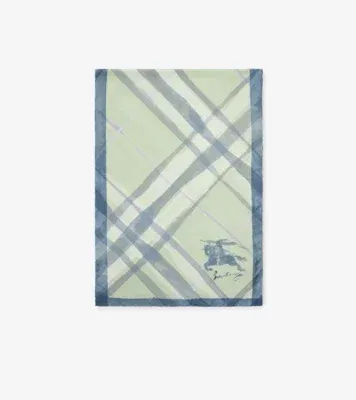 Wide Watercolour Check Silk Scarf in Seafoam green