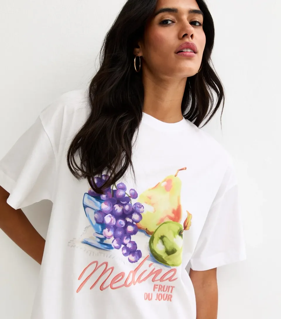 Women's White Cotton Fruit Print Oversized T-Shirt