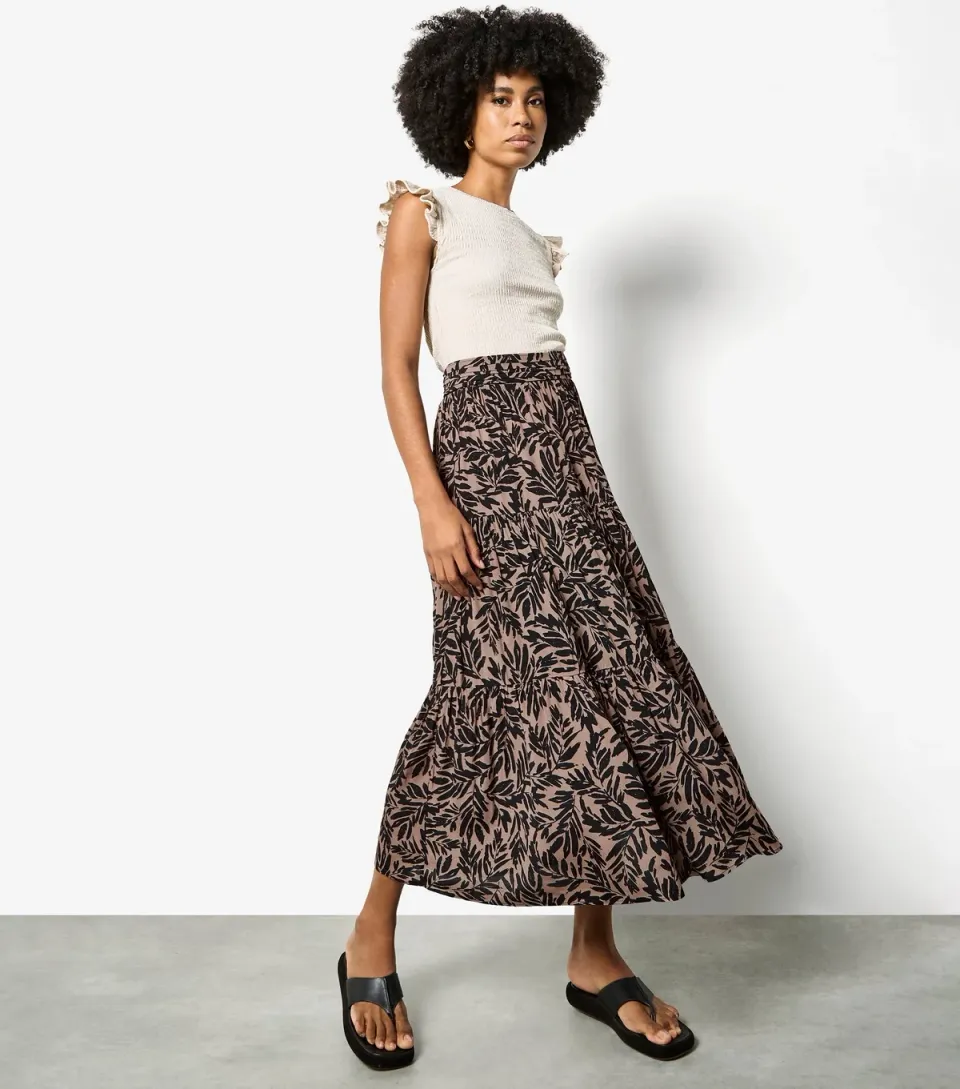Women's Brown Tiered Leaf Print Midi Skirt