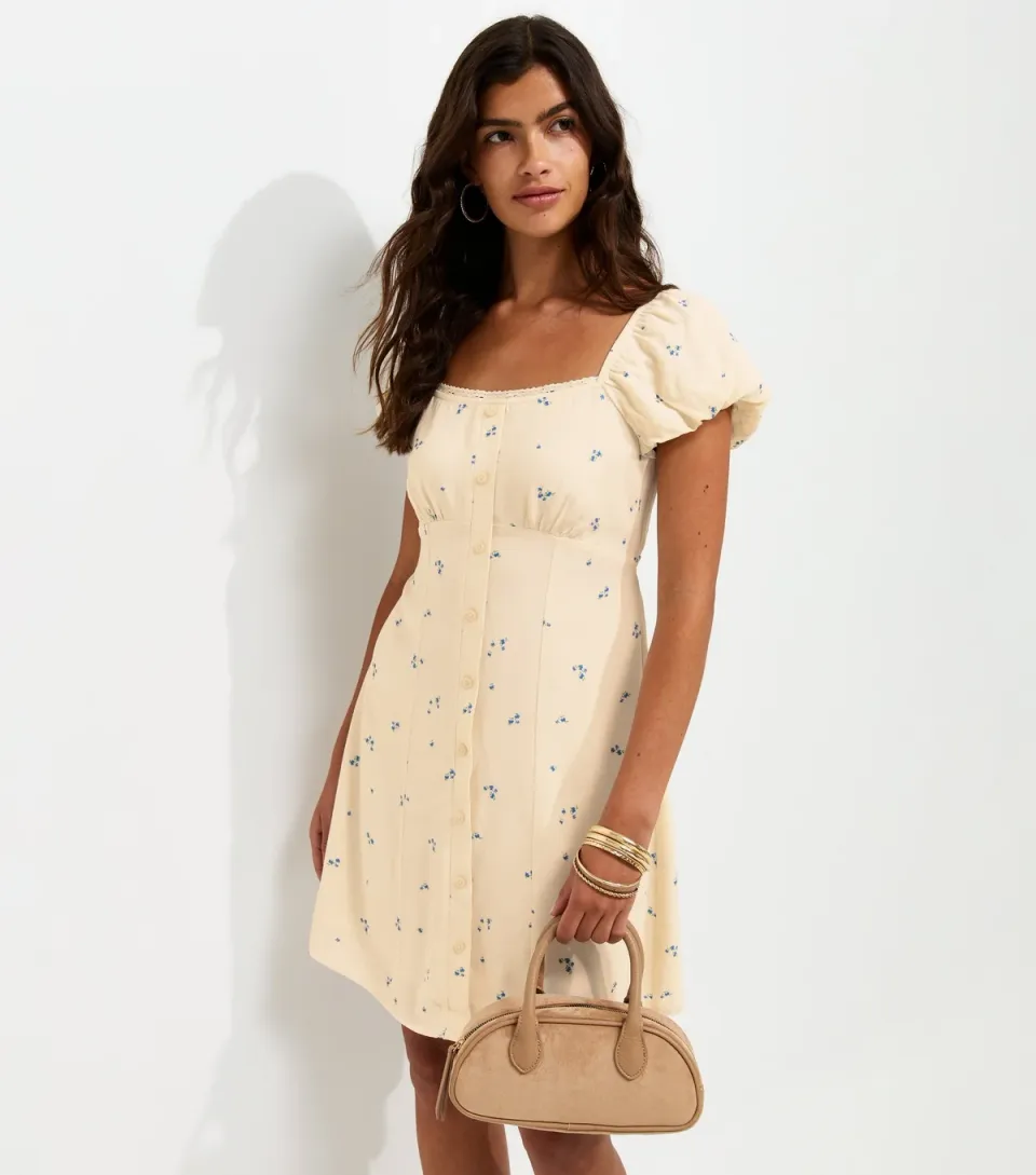 Women's White Ditsy Print Button Detail Mini Dress