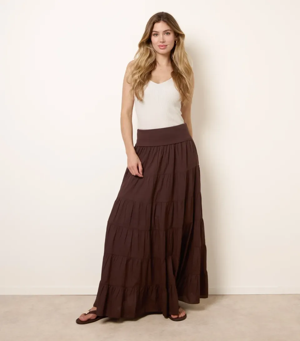 Women's Dark Brown Tiered Maxi Skirt