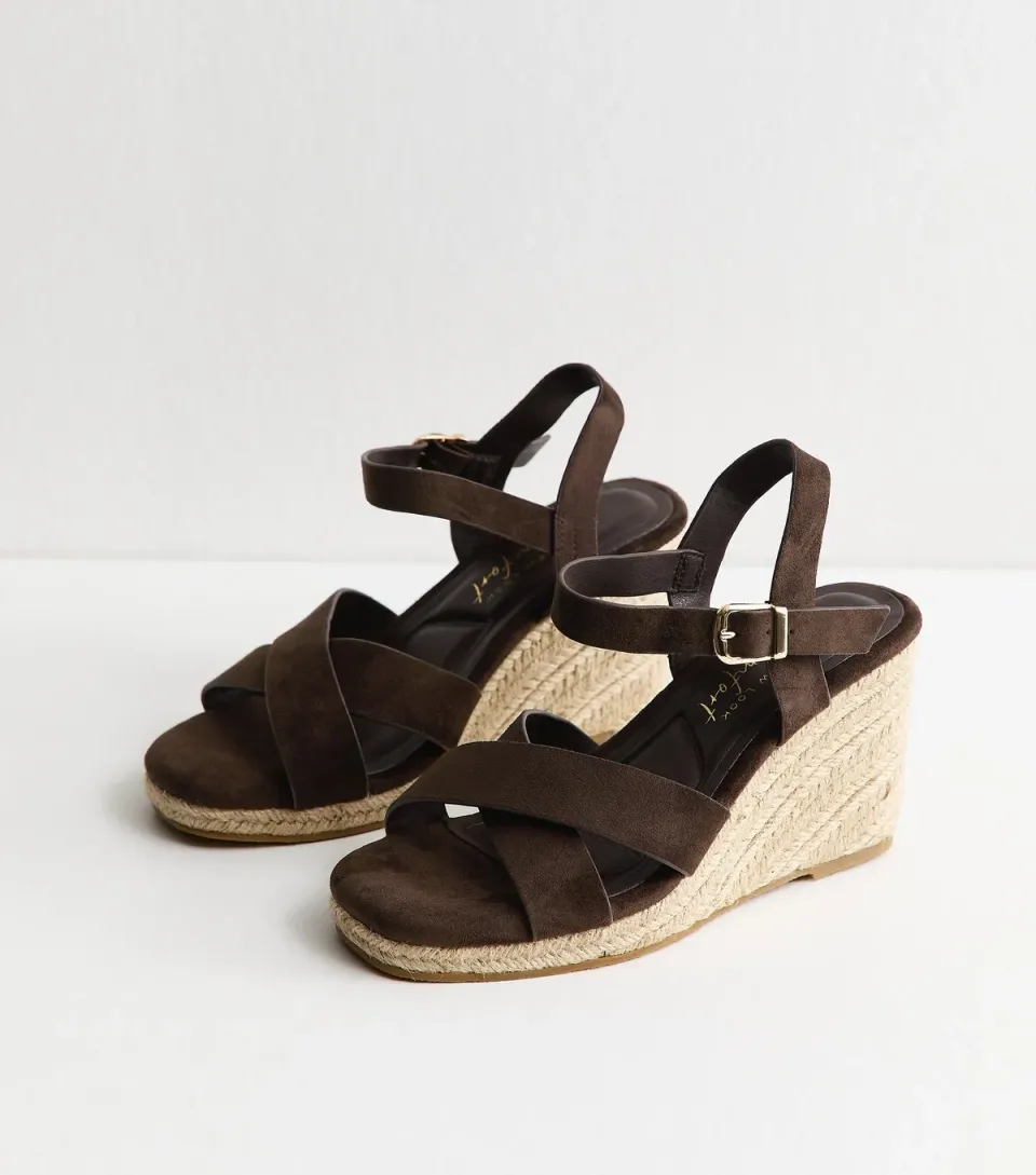 Women's Extra Wide Fit Brown Strappy Wedge Sandals Vegan
