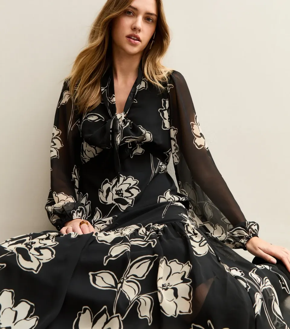 Women's Black Frill Bow Neck Abstract Floral Chiffon Midi Dress