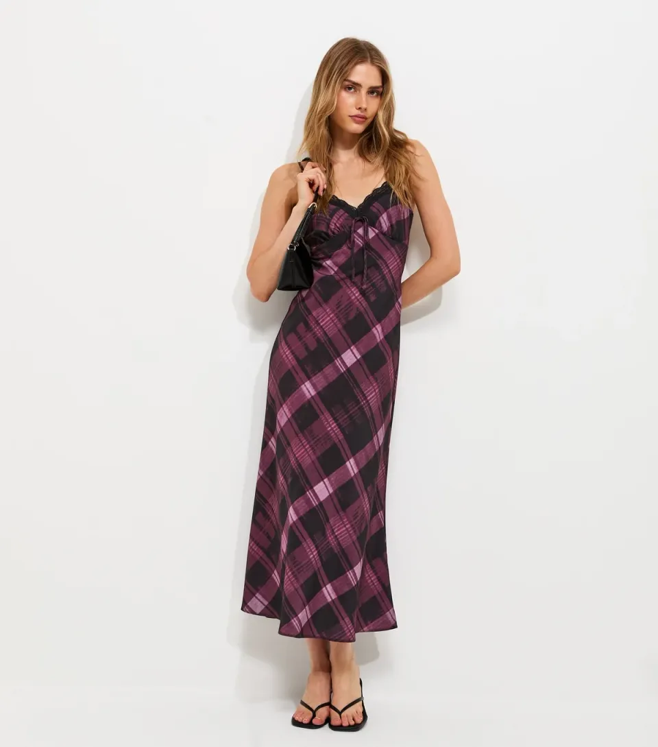Women's Pink Checked Lace Trim Midi Dress