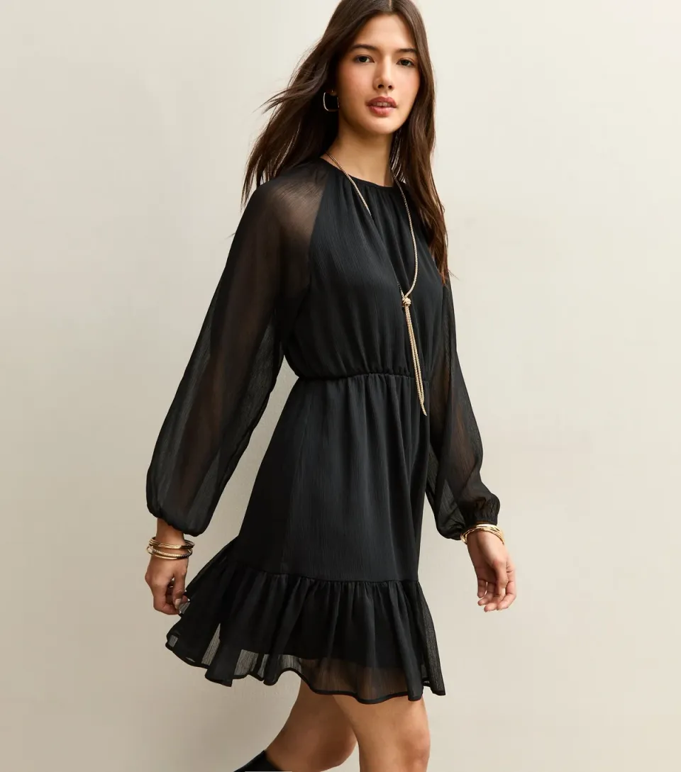 Women's Black Chiffon Tiered Mini Dress