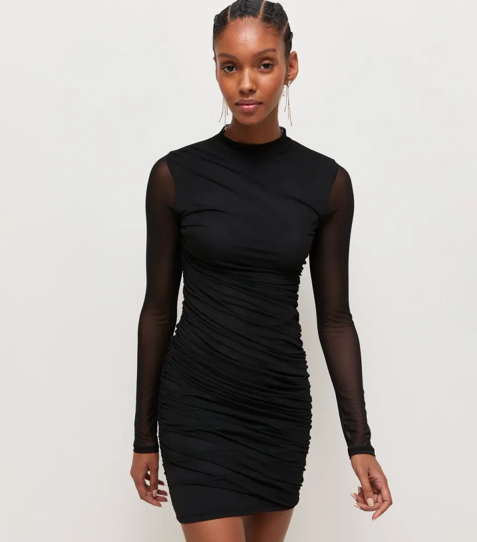 Women's Black Mesh Ruched Long Sleeve Mini Dress