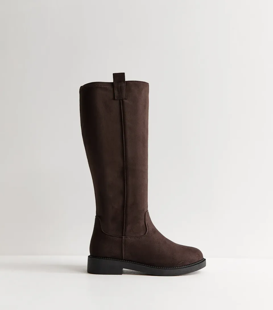 Women's Wide Fit Dark Brown Faux Suede Flat Riding Boots Vegan