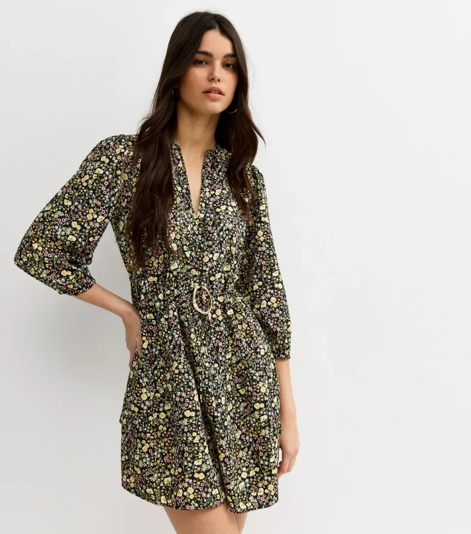 Women's Black Ditsy Floral Tiered Mini Dress