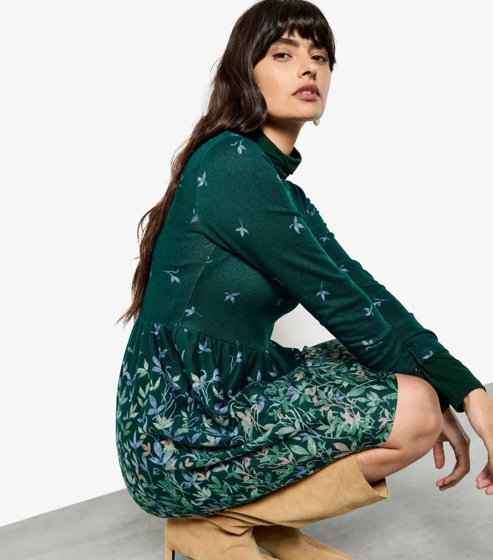 Women's Dark Green Floral Long Sleeve Dress