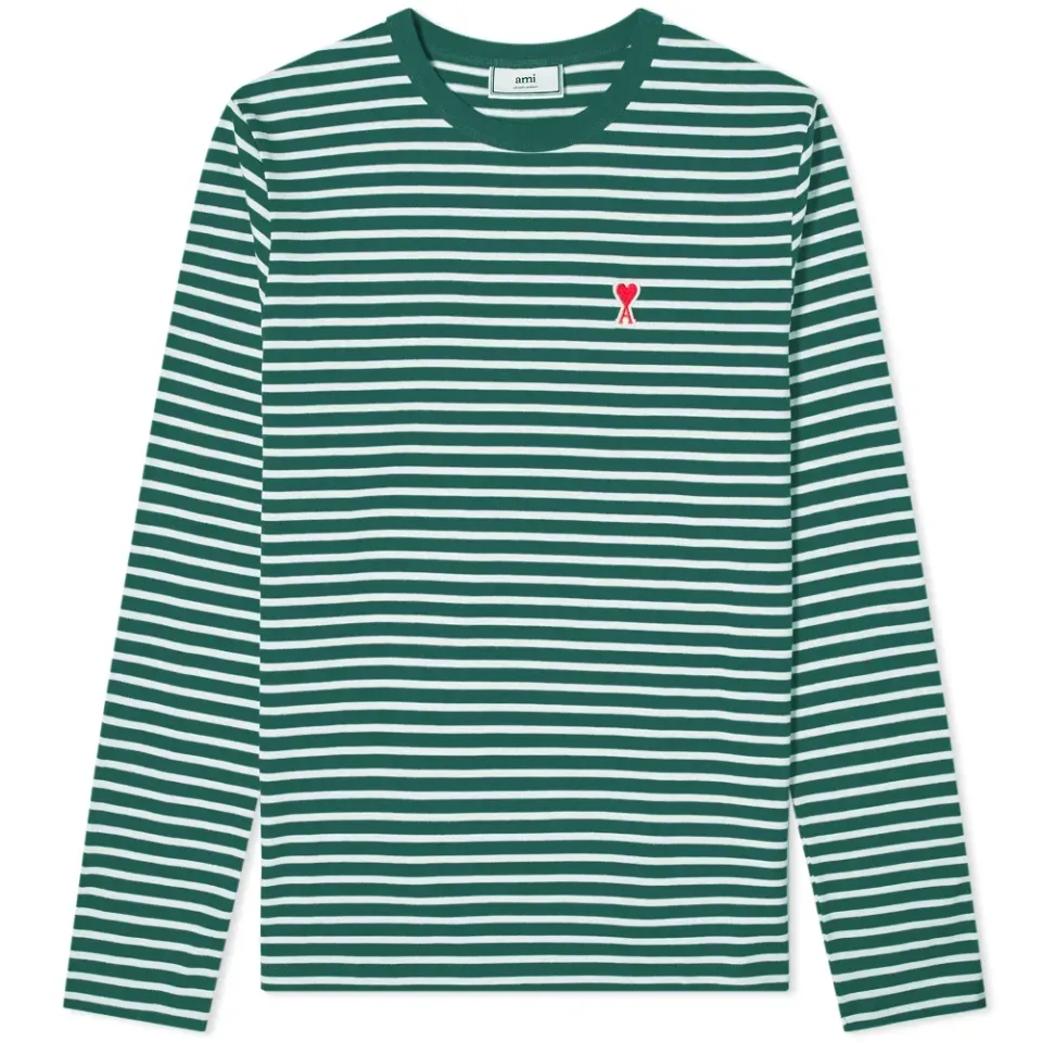 AMI Long Sleeve Heart Logo Stripe Tee