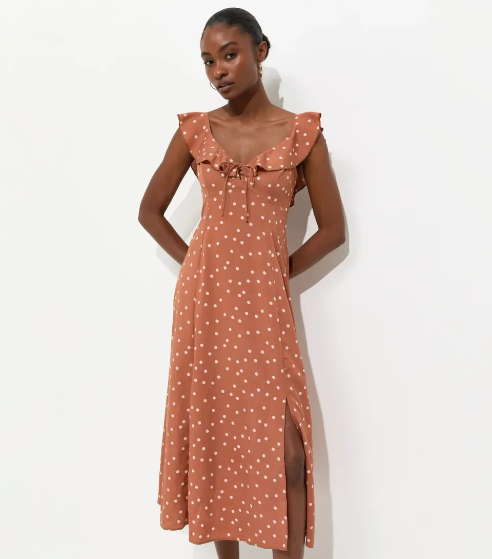 Women's Brown Spotty Ruffle Strap Midi Dress