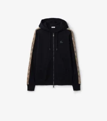 Check Trim Cotton Zip Hoodie in Navy