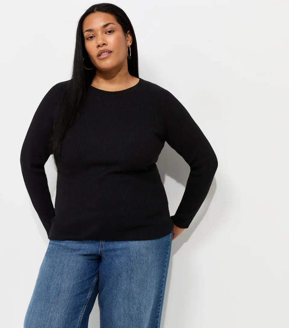 Women's Plus Size Black Lightweight Ribbed Knit Crew Neck Jumper Curves