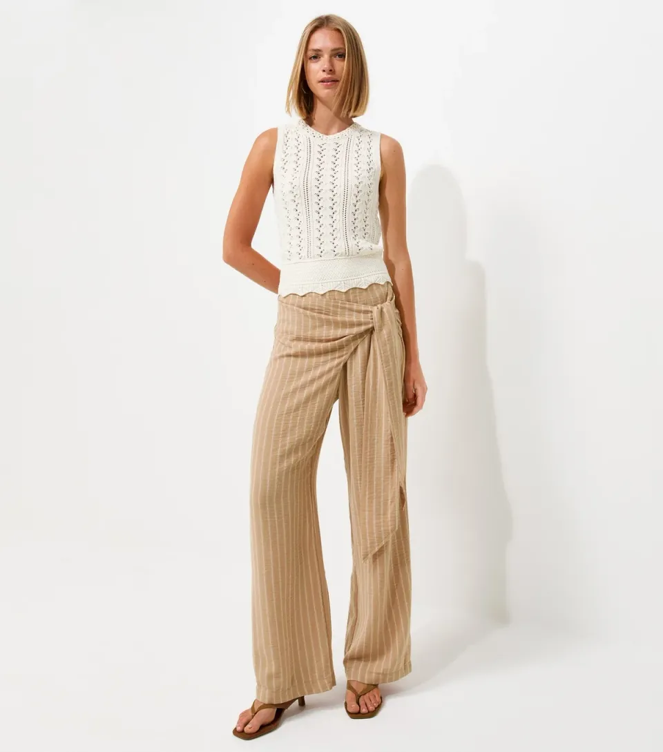 Women's Camel Striped Wrap Front Wide Leg Trousers