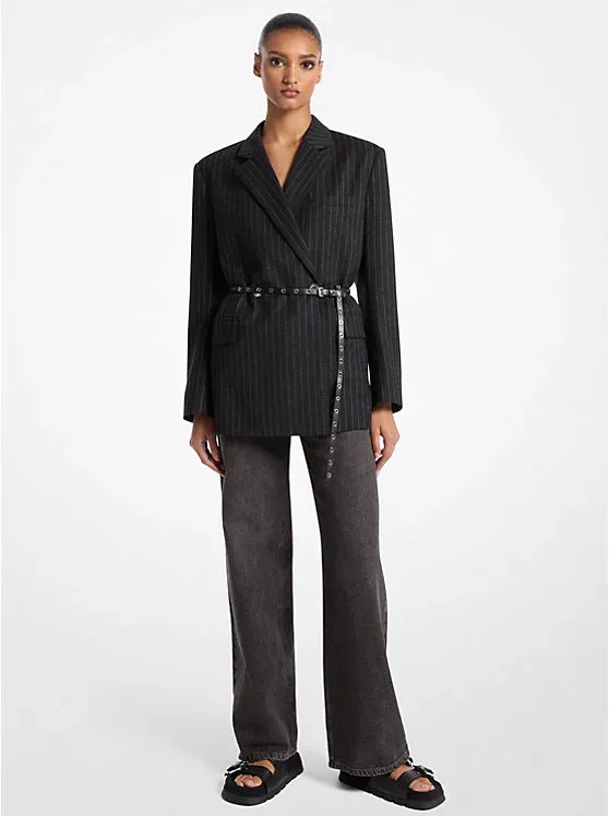 Striped Wool Blend Belted Double-Breasted Blazer