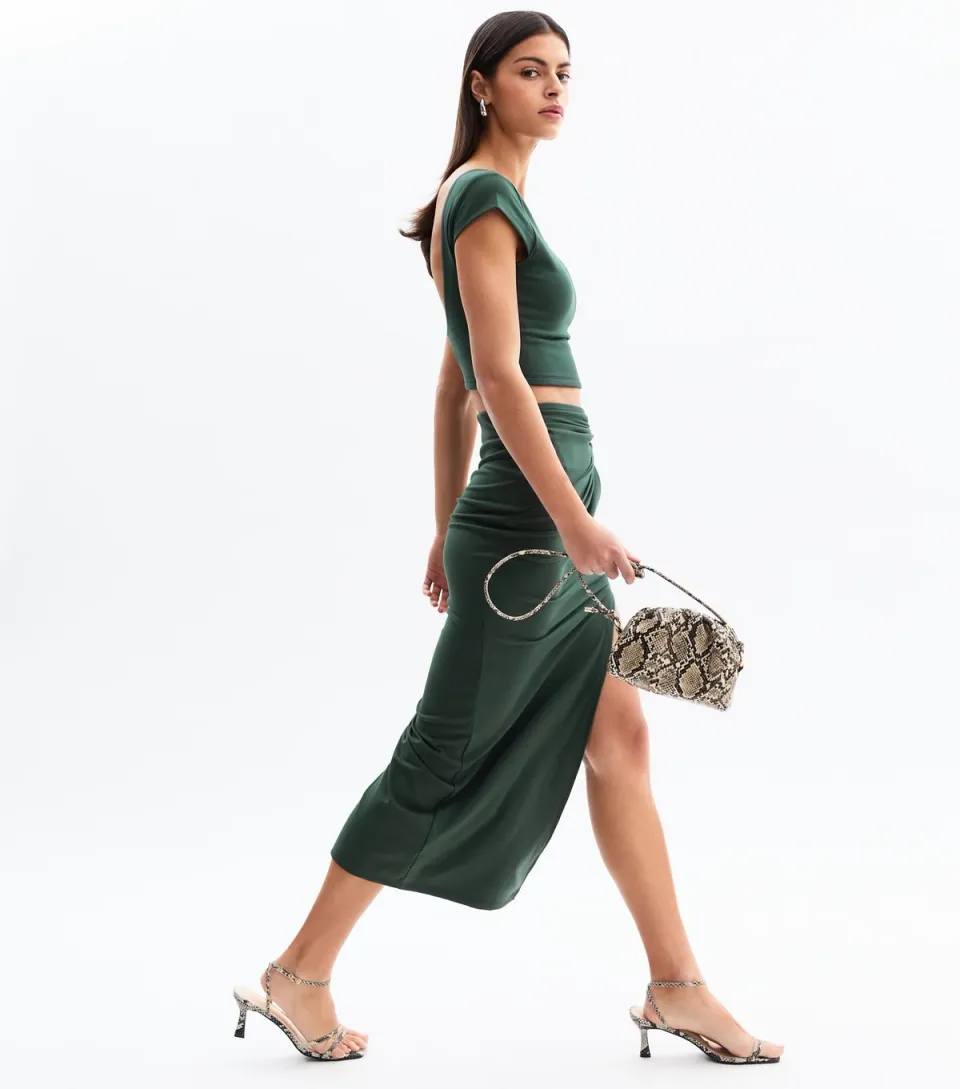 Women's Khaki Knot Side Midi Skirt