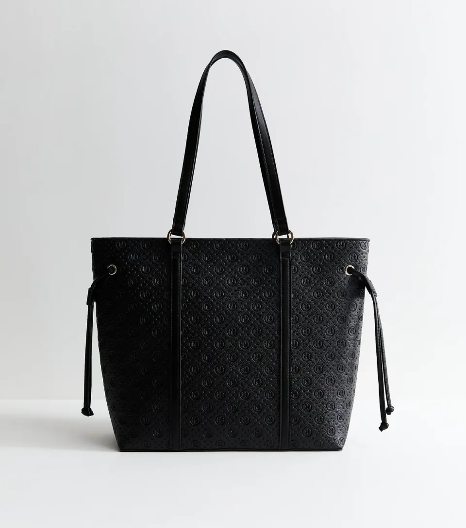 Black Faux Leather Debossed Logo Tote Bag Vegan