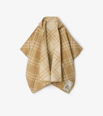 Reversible Check Wool Hooded Cape in Sand beige/ecru beige