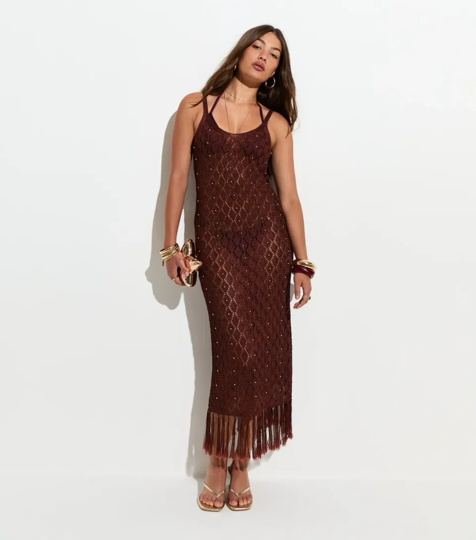 Women's Brown Bead Crochet Tassle Maxi Beach Dress