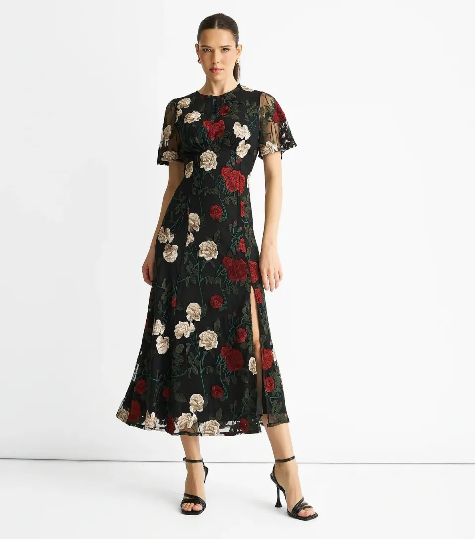 Women's Black Angel Sleeves Embroidered Floral Midi Dress