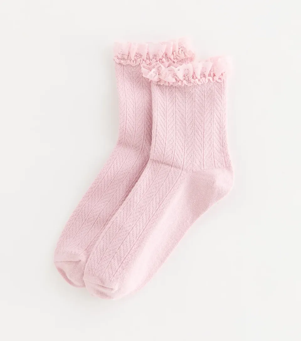 Pink Cable Frill Trim Socks
