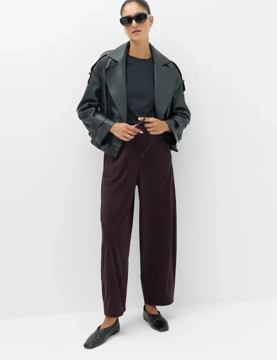 Cord Pull On Barrel Leg Trousers Dark Aubergine