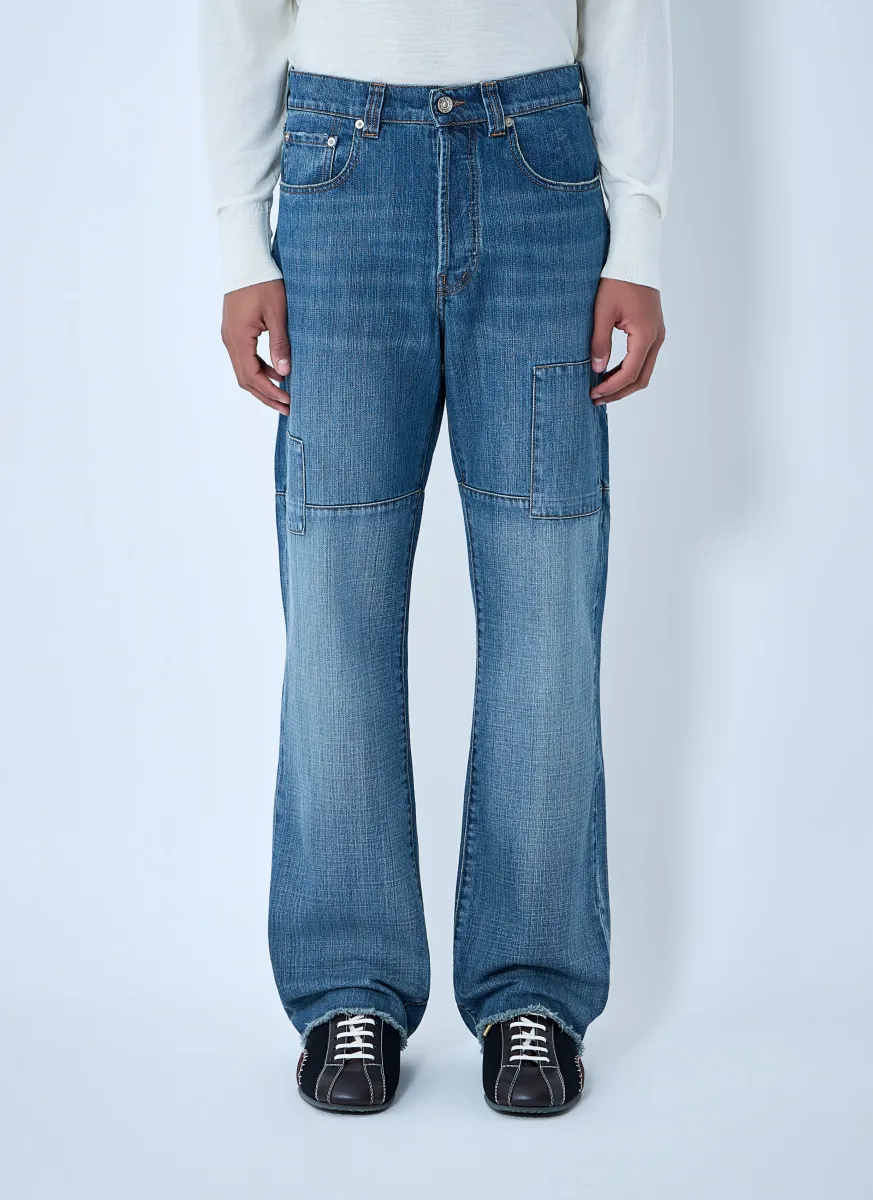 Patched Slub Wide-Leg Jeans