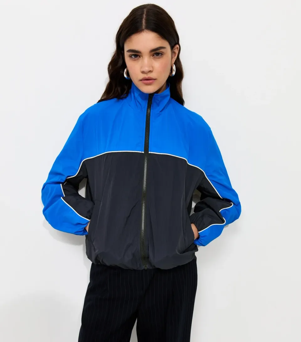 Women's Blue Colour Block Zip Up Funnel Neck Windbreaker Jacket