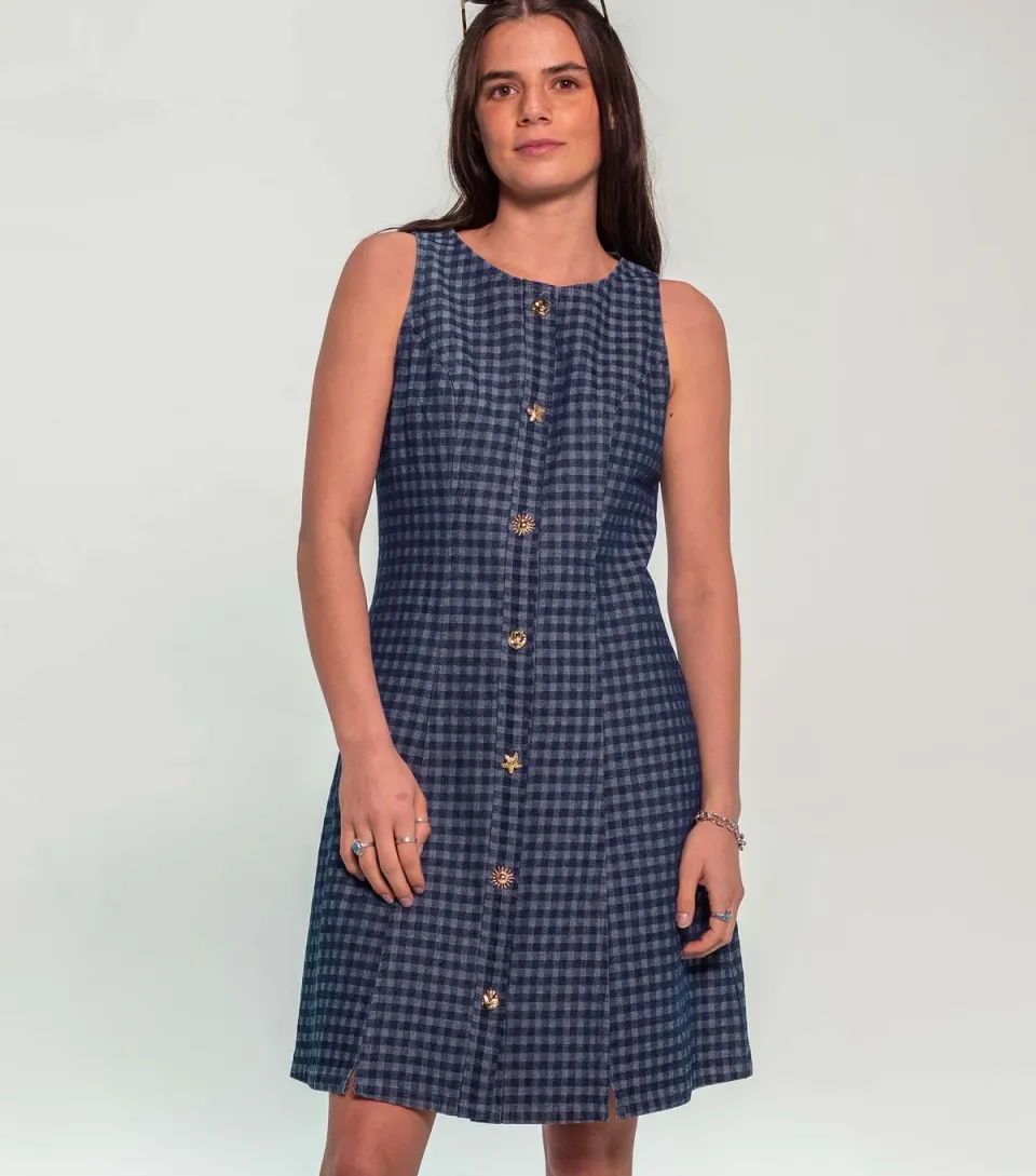 Women's Blue Gingham Denim Sleeveless Mini Dress