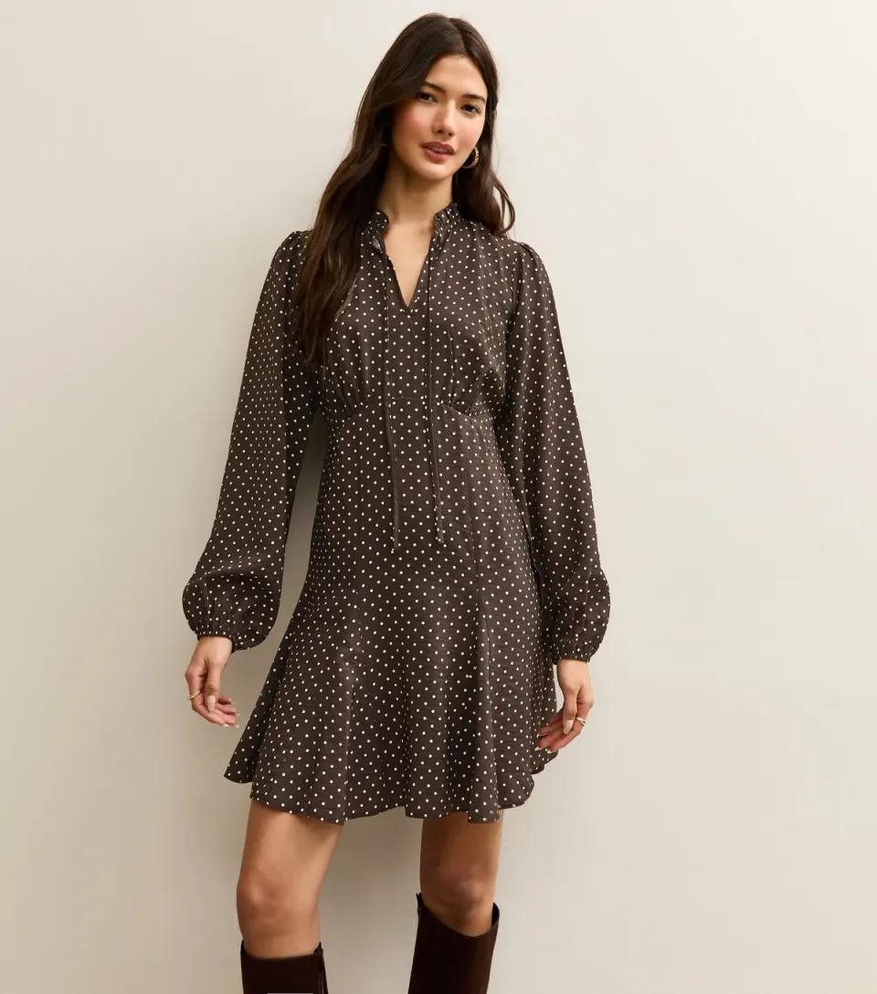 Women's Brown Polka Dot Tie Neck Mini Dress