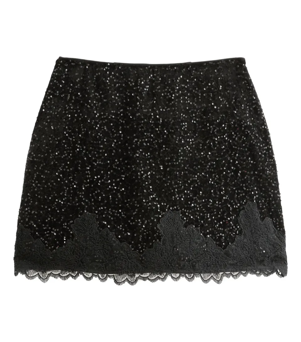 Women's Black Velvet Sequin Lace Trim Mini Skirt