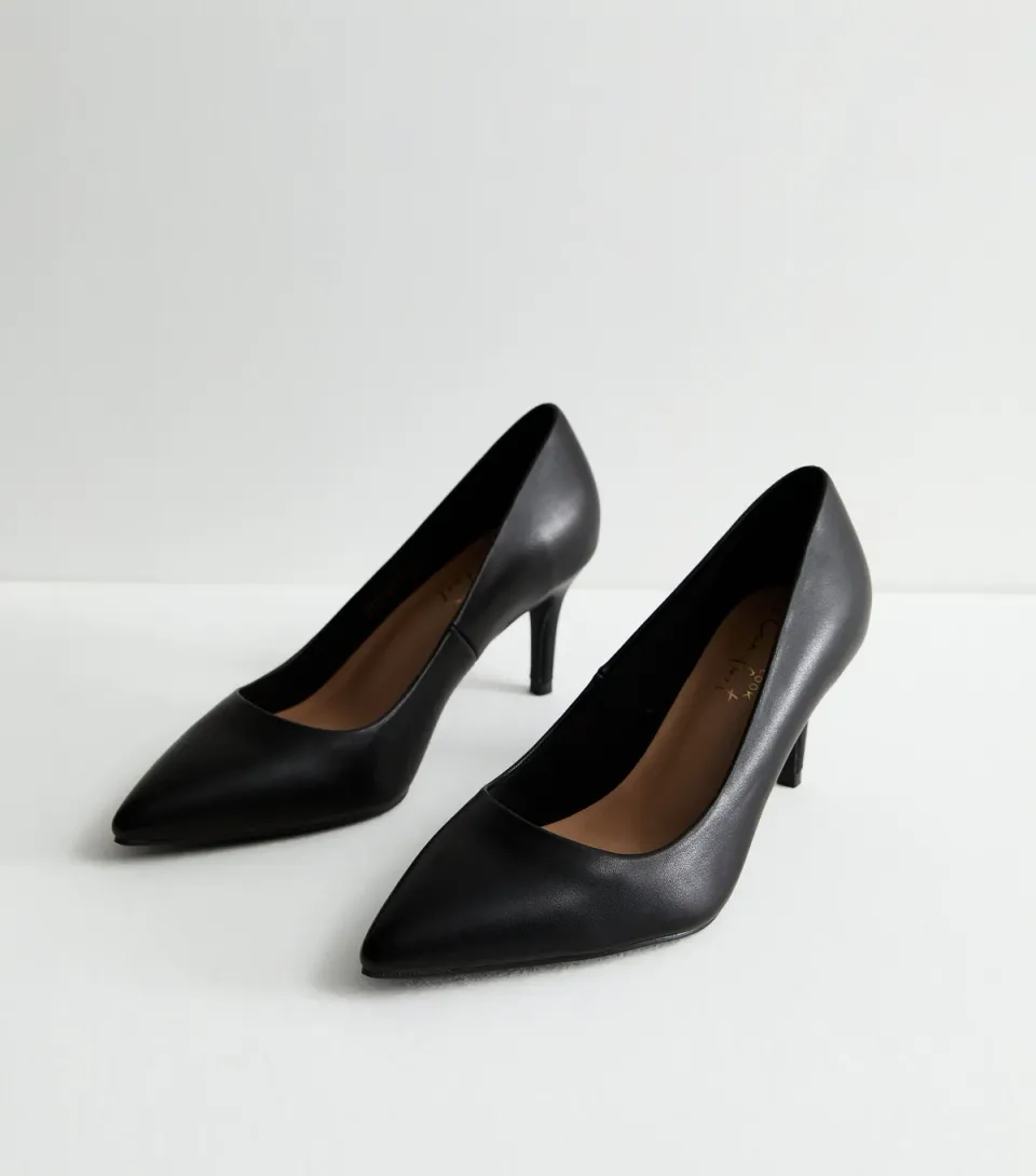 Women's Wide Fit Black Leather-Look Stiletto Heel Court Shoes