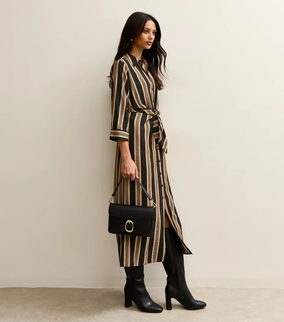 Women's Black Striped Midi Shirt Dress