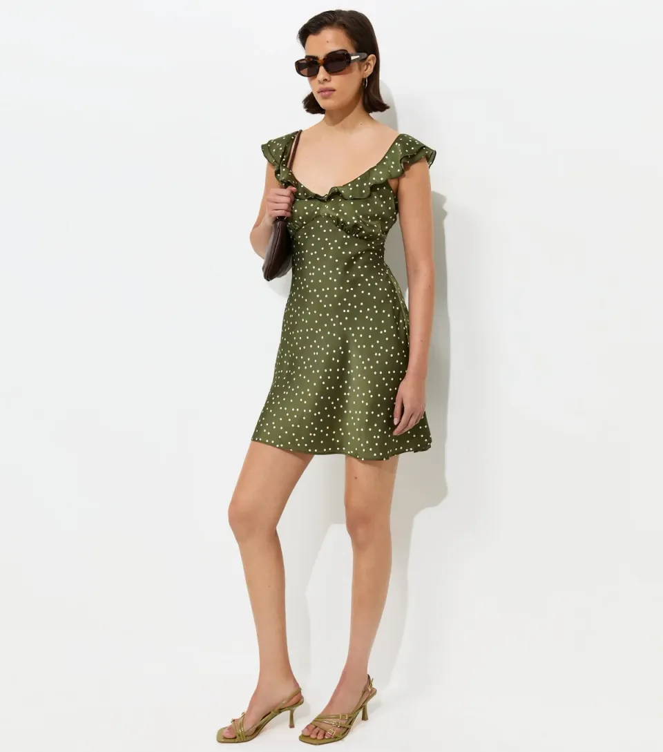 Women's Green Satin Polka Dot Ruffled Strap Mini Dress