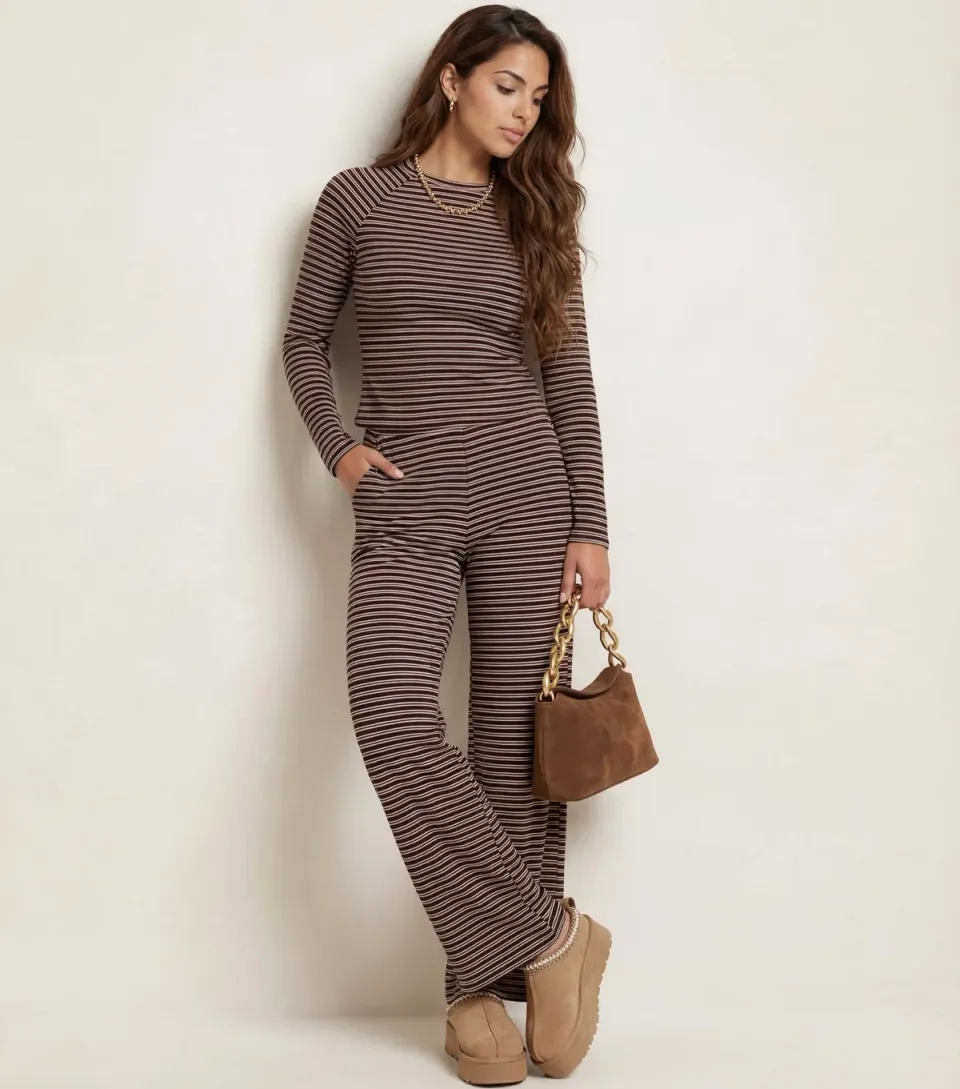 Women's Brown Striped Jersey Wide Leg Trousers